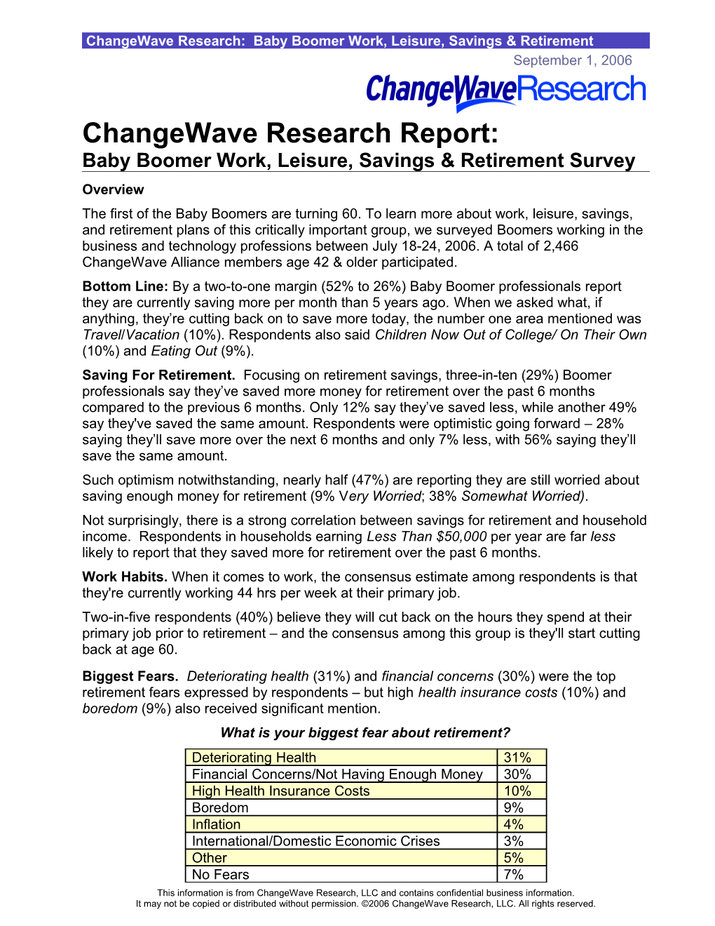 Changewave Research: Baby Boomer Work, Leisure, Savings & Retirement