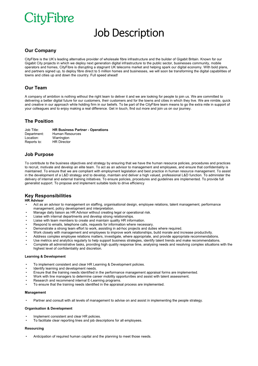 Job Title: HR Business Partner - Operations