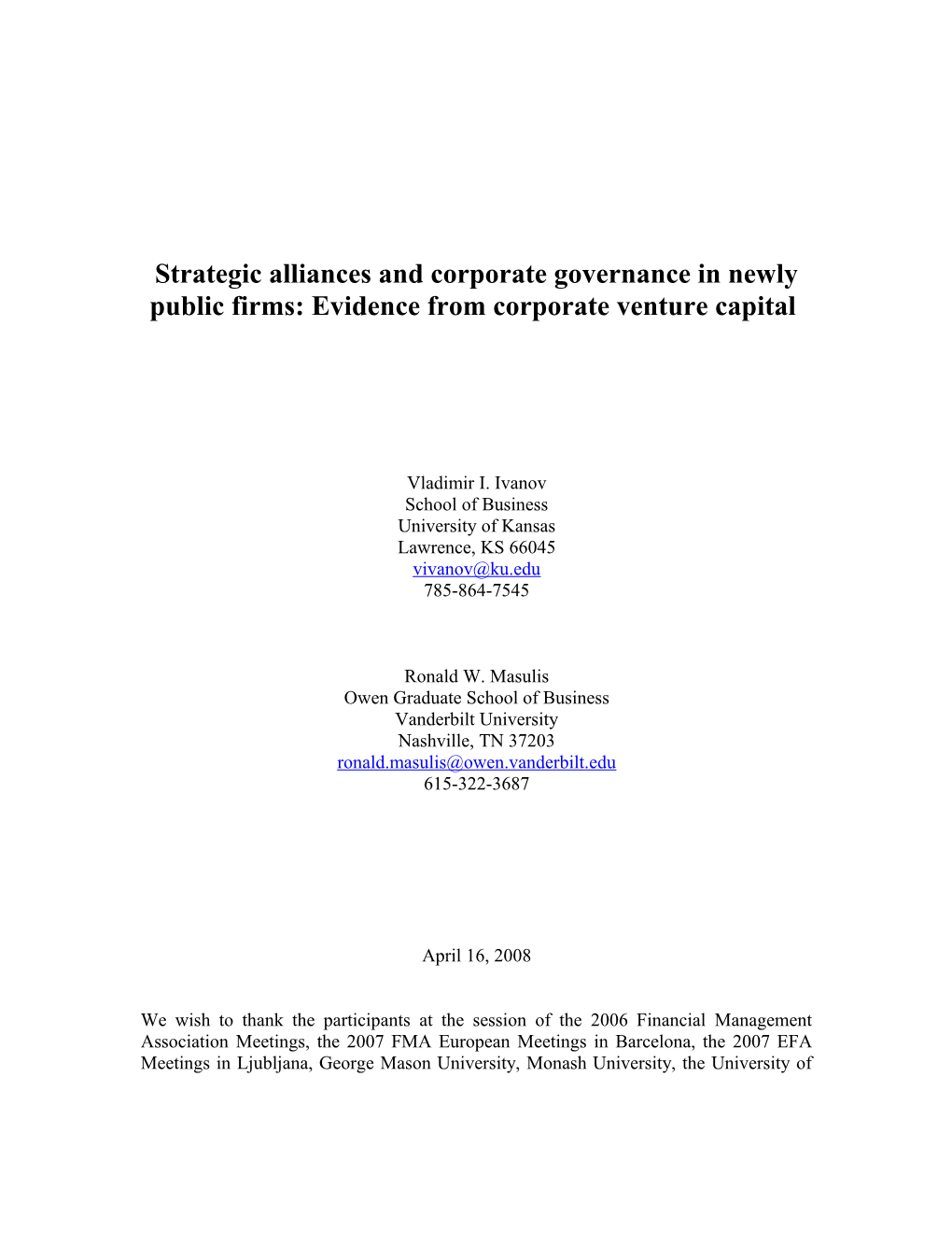 Strategic Alliances and Corporate Governance in Newly Public Firms: Evidence from Corporate