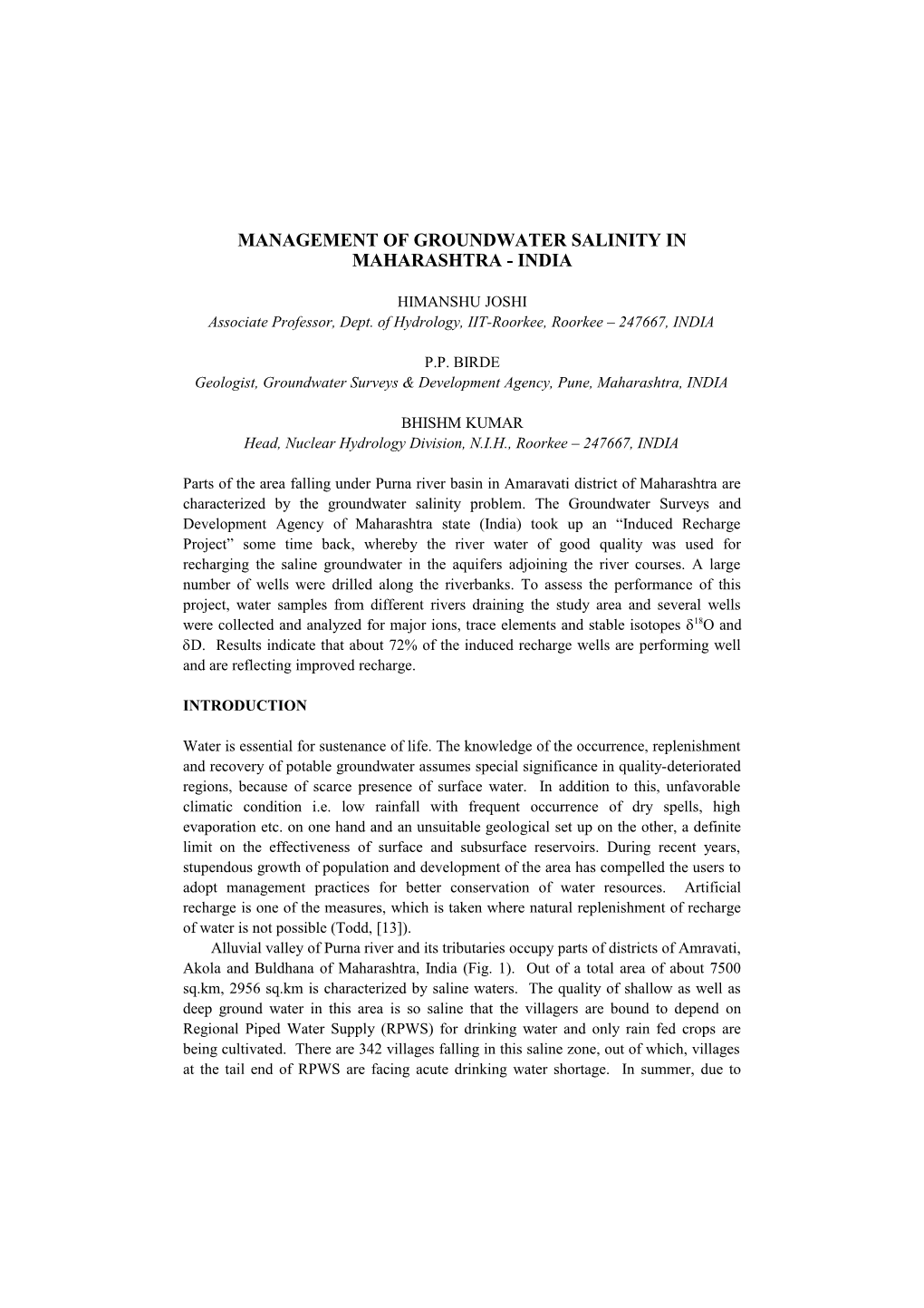 Management of Groundwater Salinity in Maharashtra - India