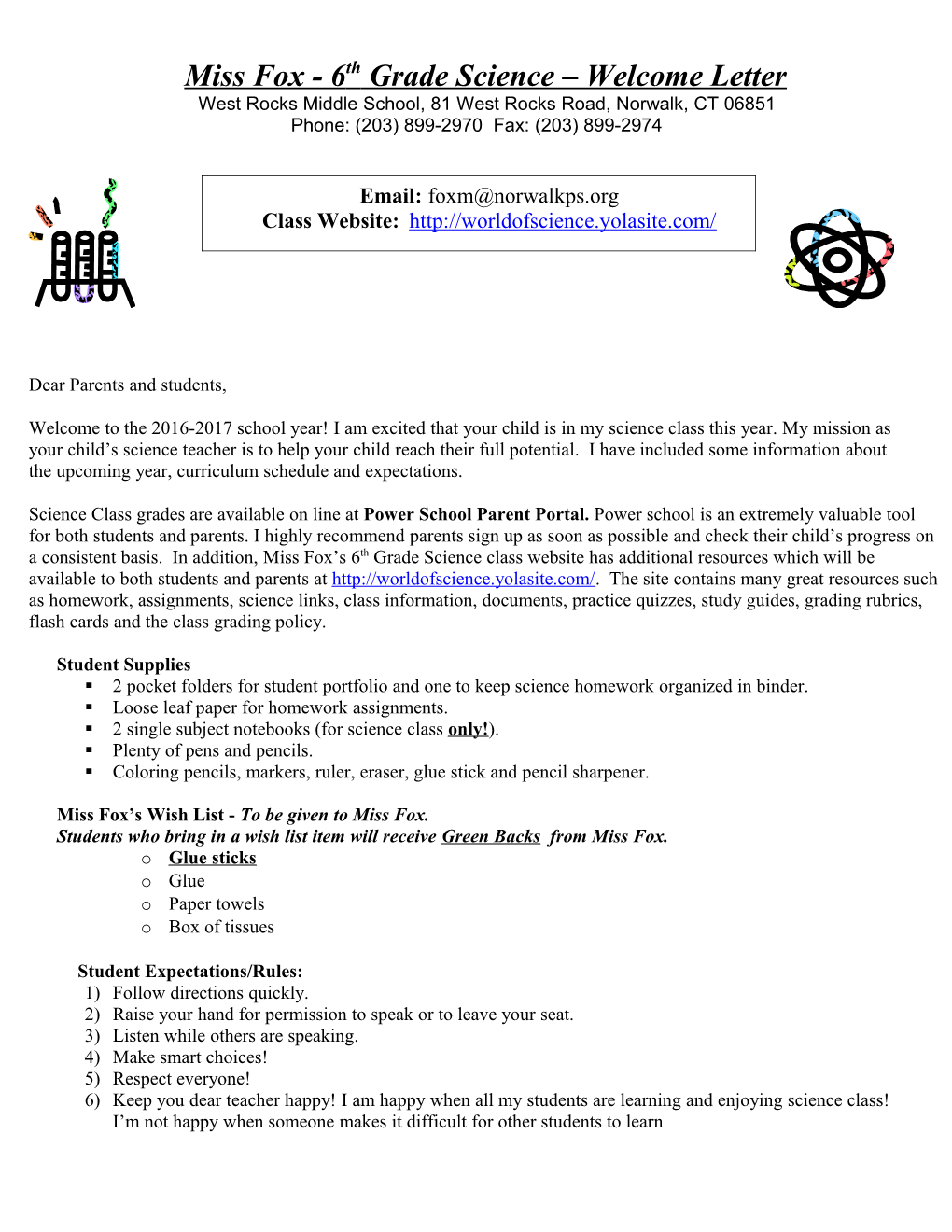 Miss Fox - 6Th Grade Science Welcome Letter