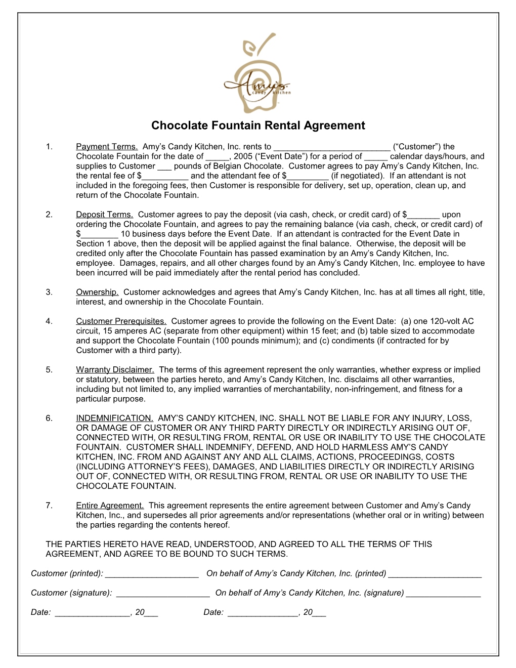 Chocolate Fountain Rental Agreement