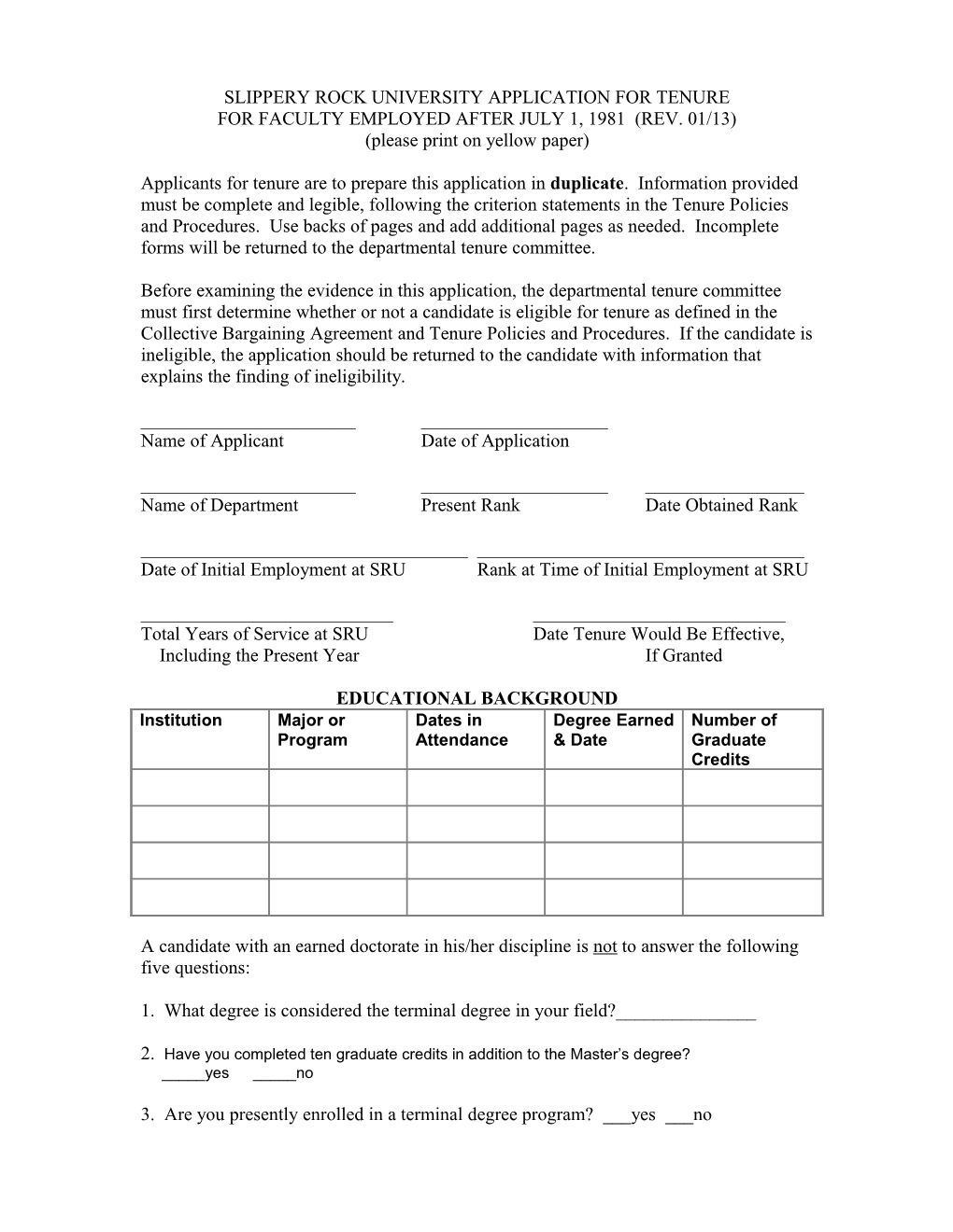Slippery Rock University Application for Tenure