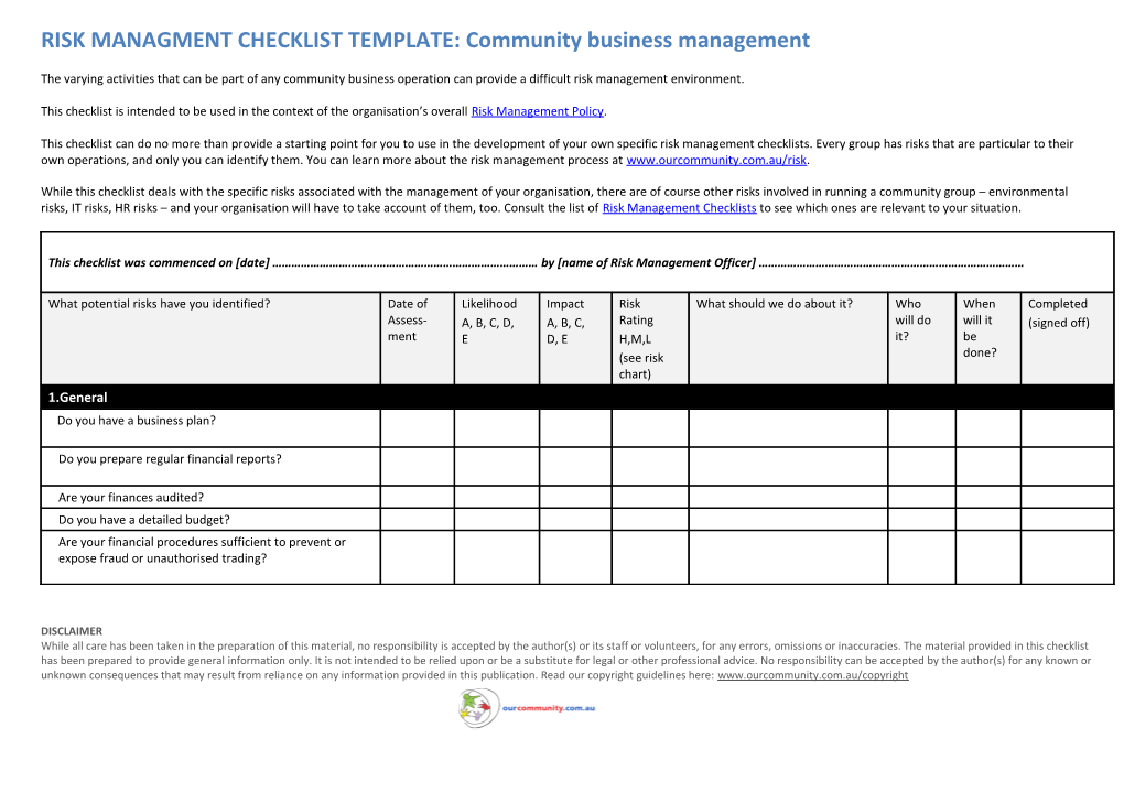 RISK MANAGMENT CHECKLIST TEMPLATE: Community Business Management