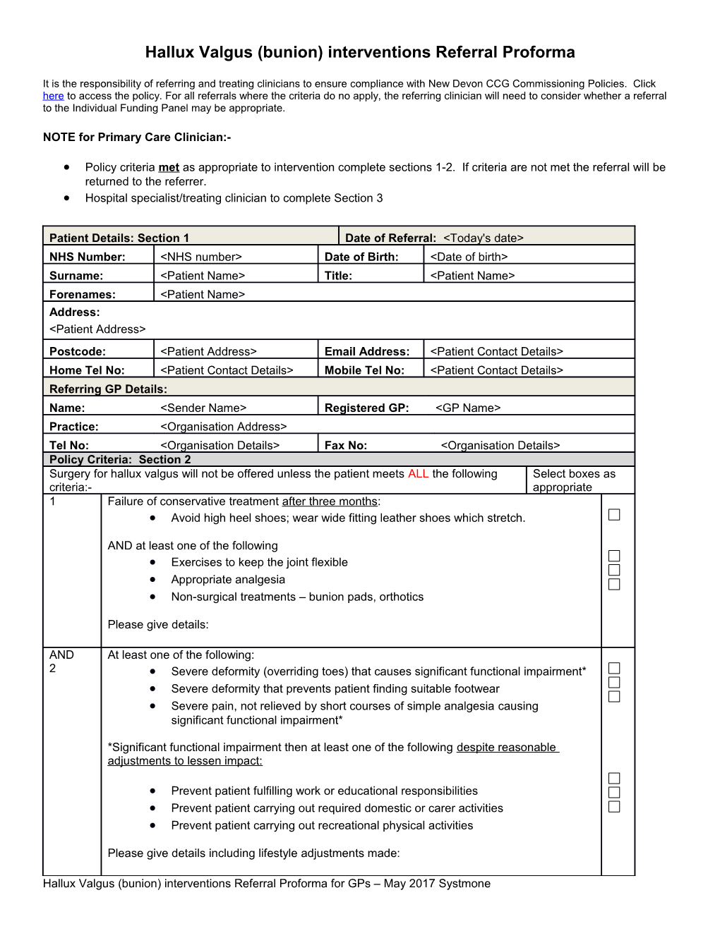 Hallux Valgus (Bunion) Interventions Referral Proforma