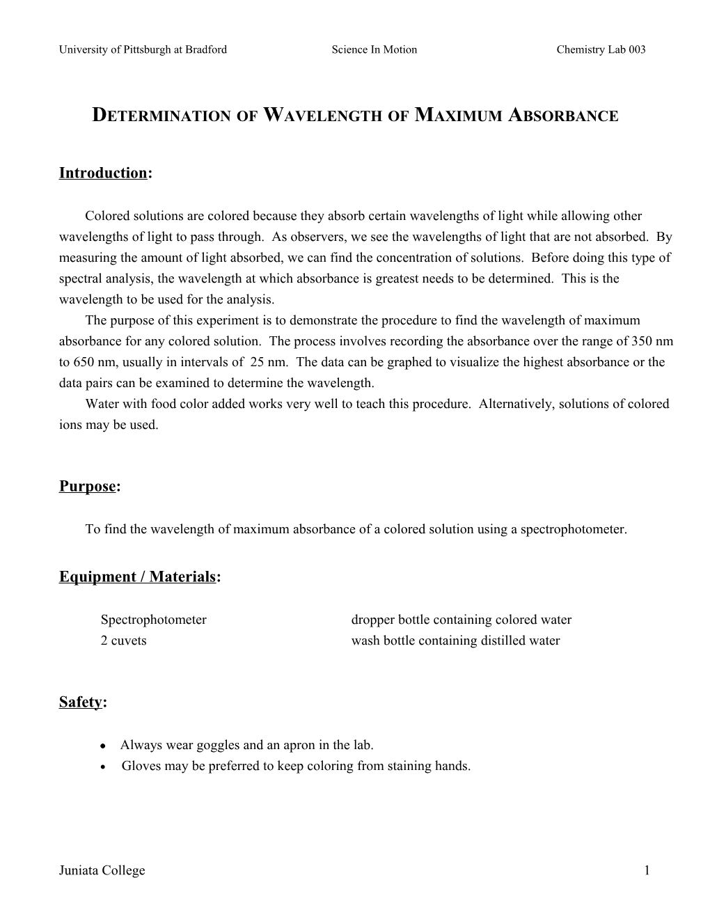 Determination of Wavelength of Maximum Absorbance