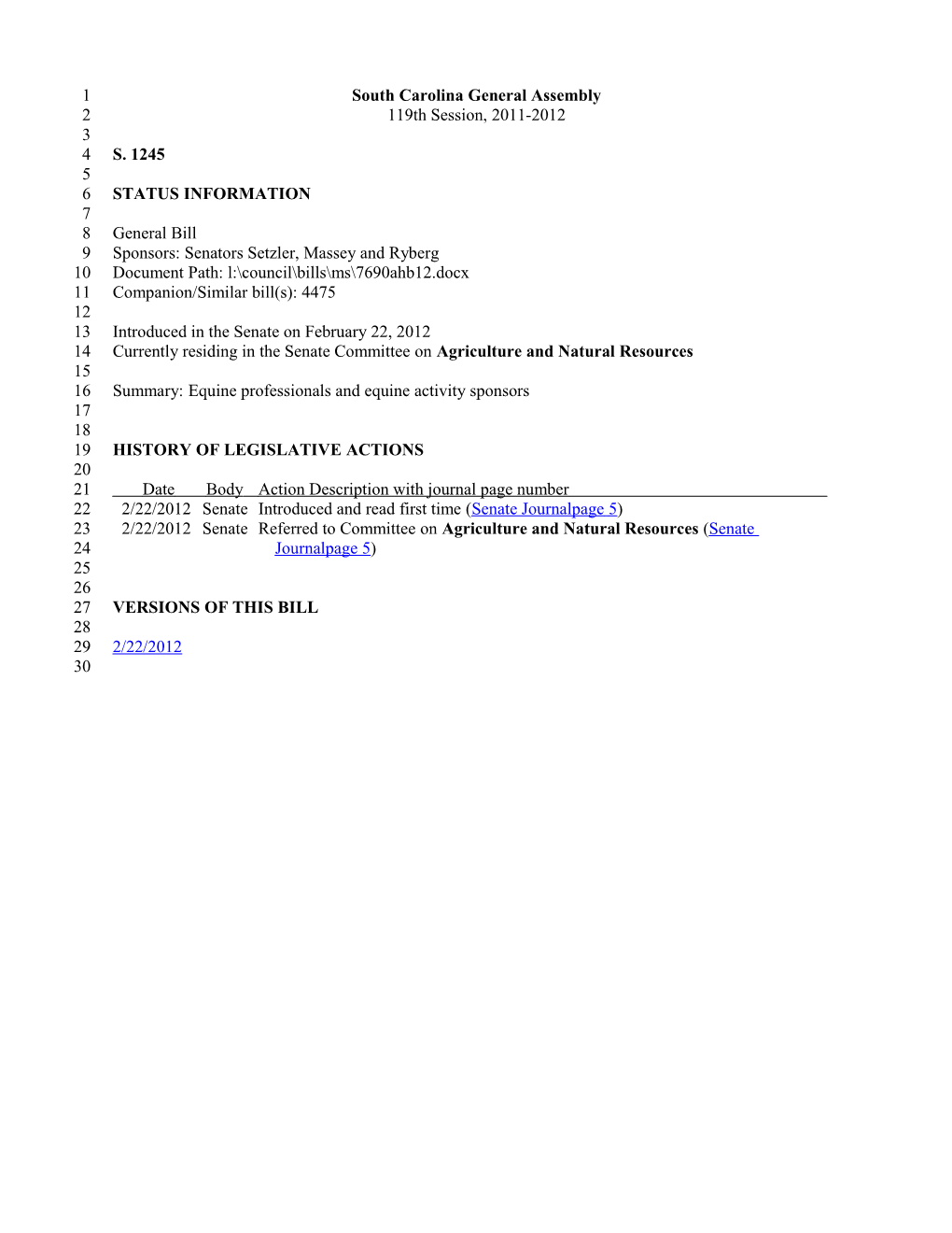 2011-2012 Bill 1245: Equine Professionals and Equine Activity Sponsors - South Carolina