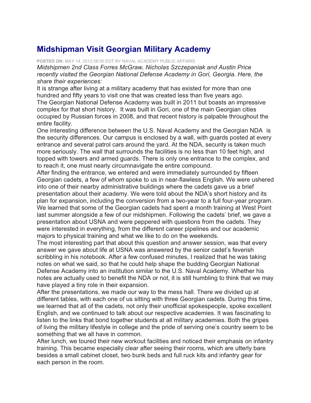 Midshipman Visit Georgian Military Academy