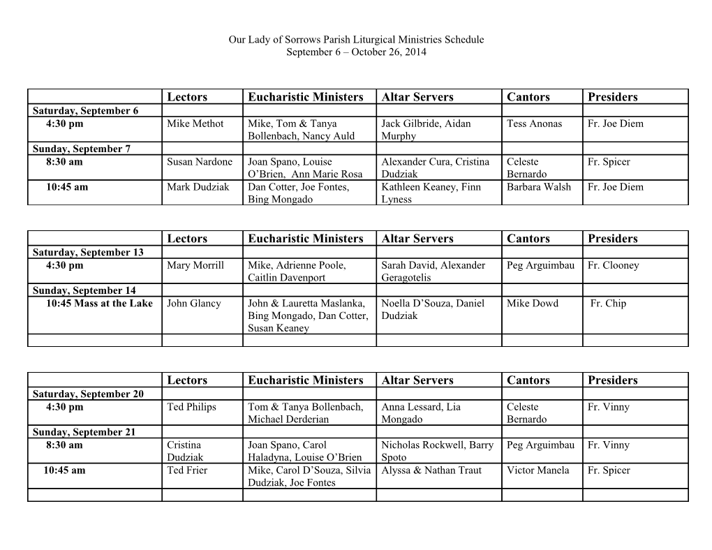 Our Lady of Sorrows Parish Liturgical Ministries Schedule