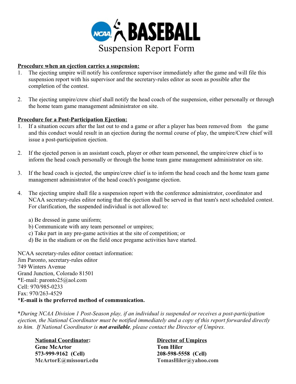 NCAA Suspension Report Form