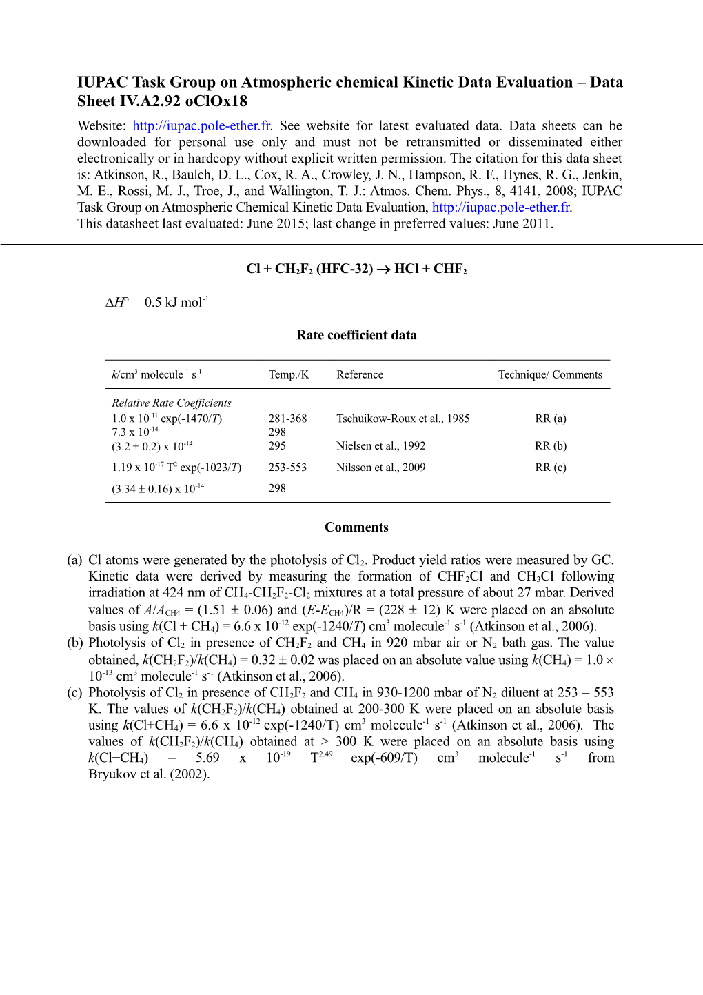 IUPAC Task Group on Atmospheric Chemical Kinetic Data Evaluation Data Sheet IV.A2.92 Oclox18