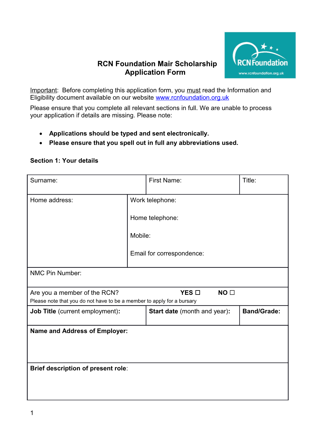 RCN Foundation Mairscholarship Application Form