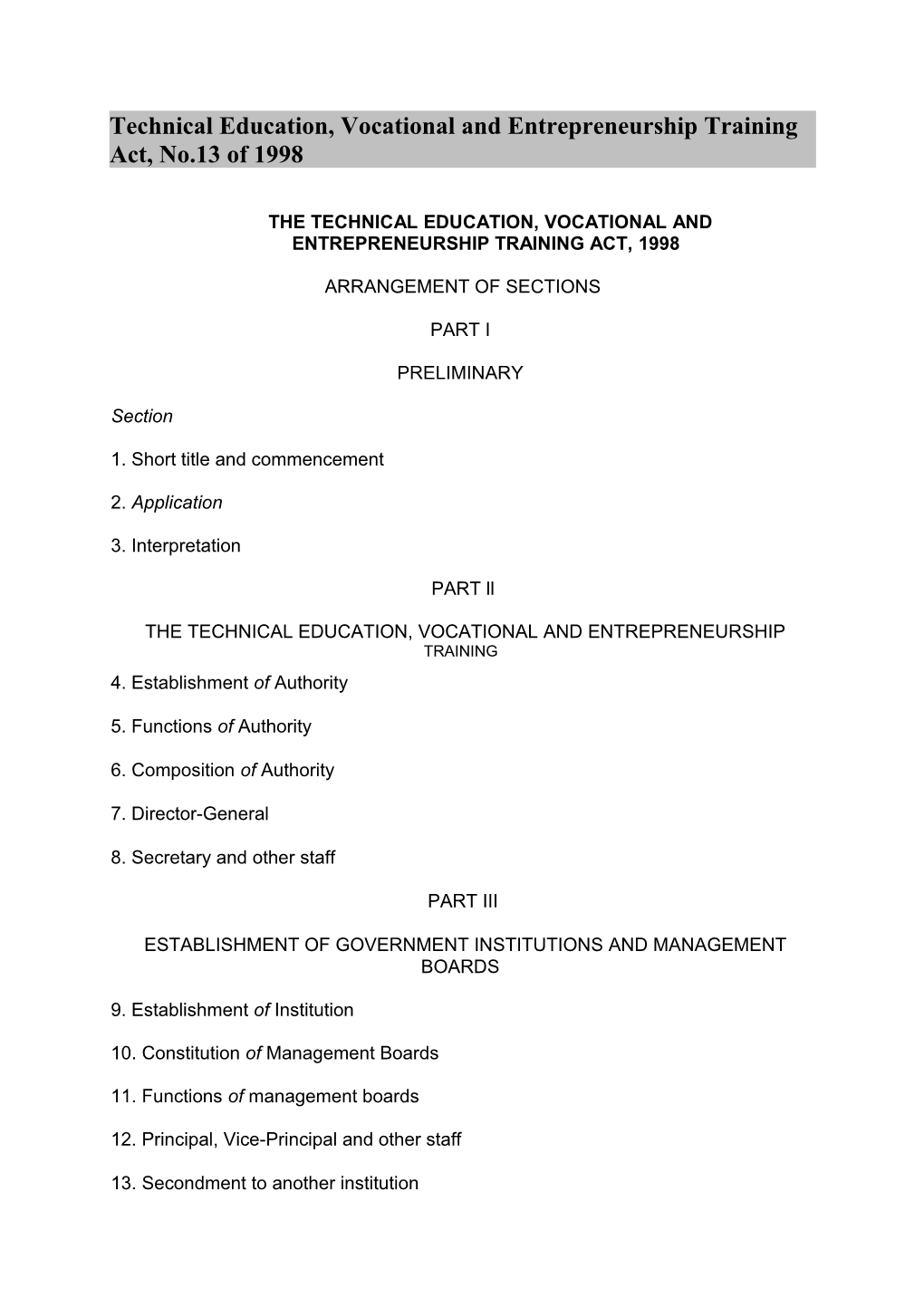 Technical Education, Vocational and Entrepreneurship Training Act, No