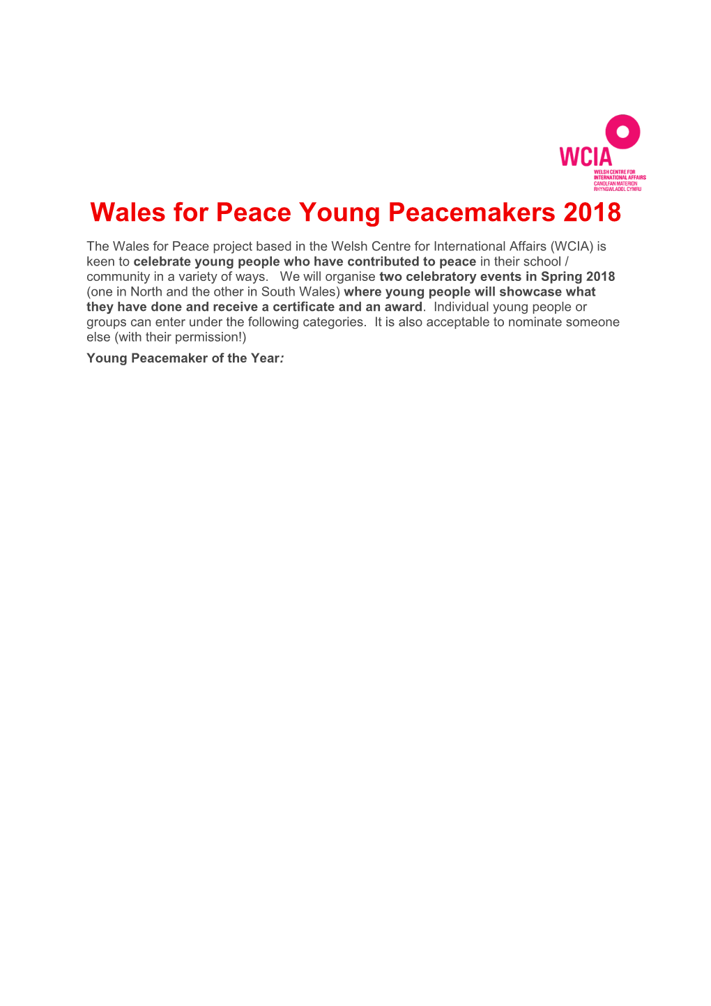 Wales for Peace Young Peacemakers 2018