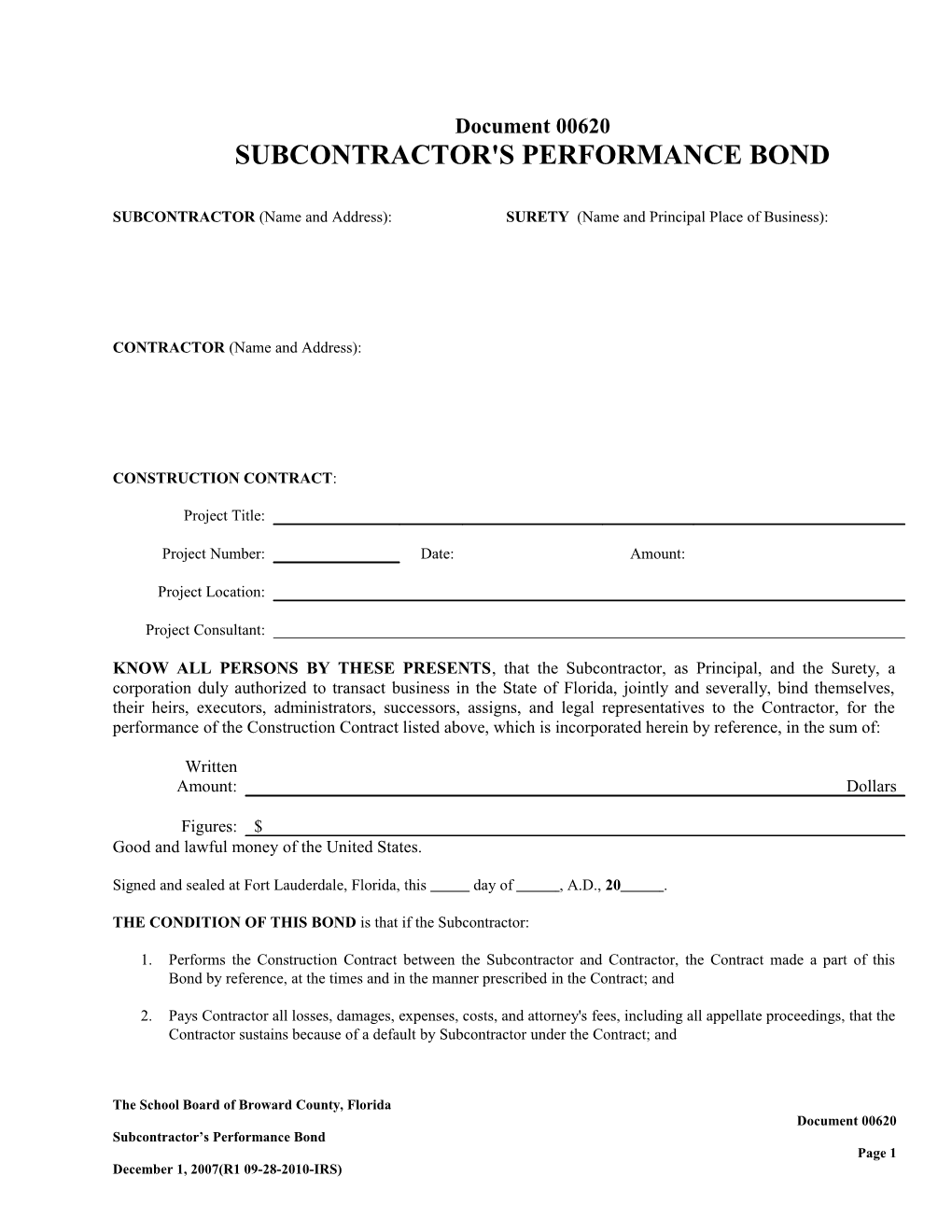 Subcontractor's Performance Bond