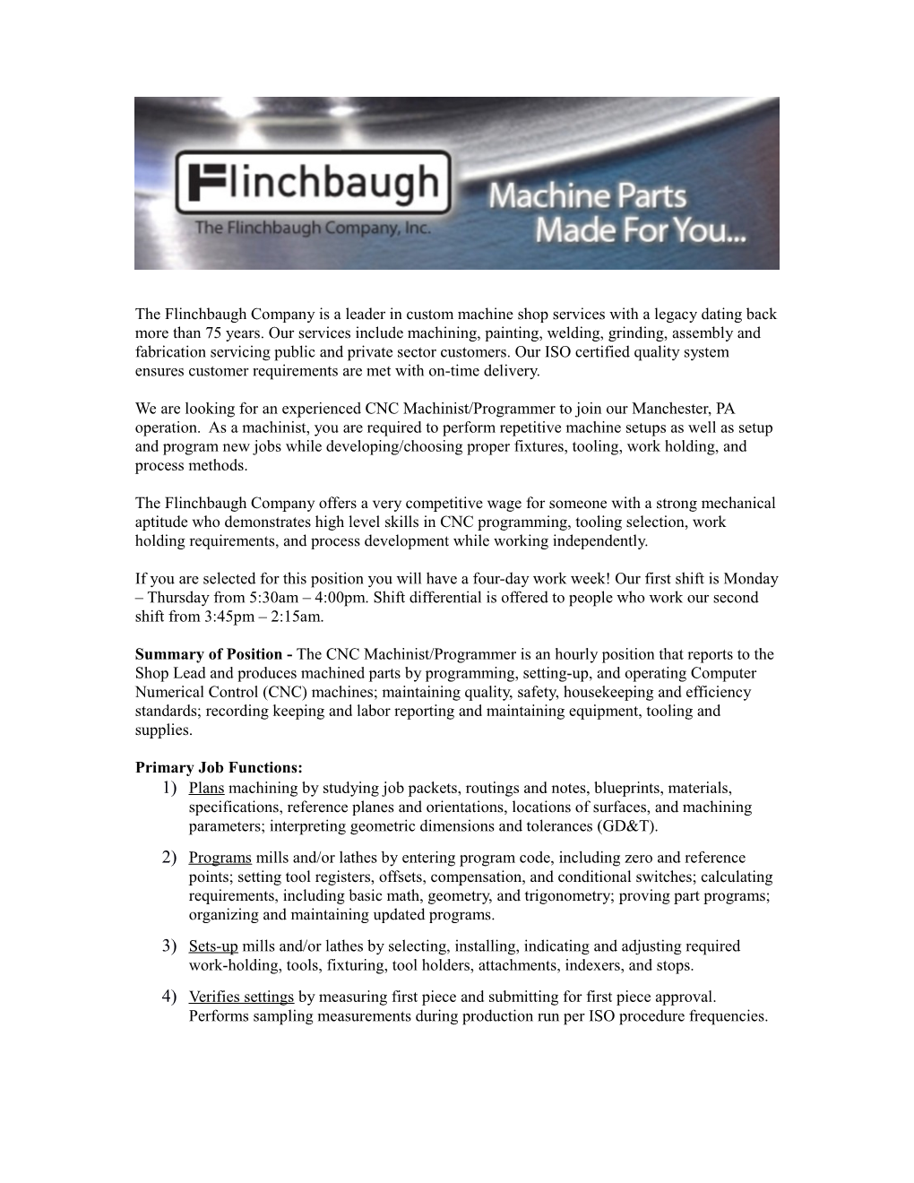 The Flinchbaugh Company Is a Leader in Custom Machine Shop Services with a Legacy Dating