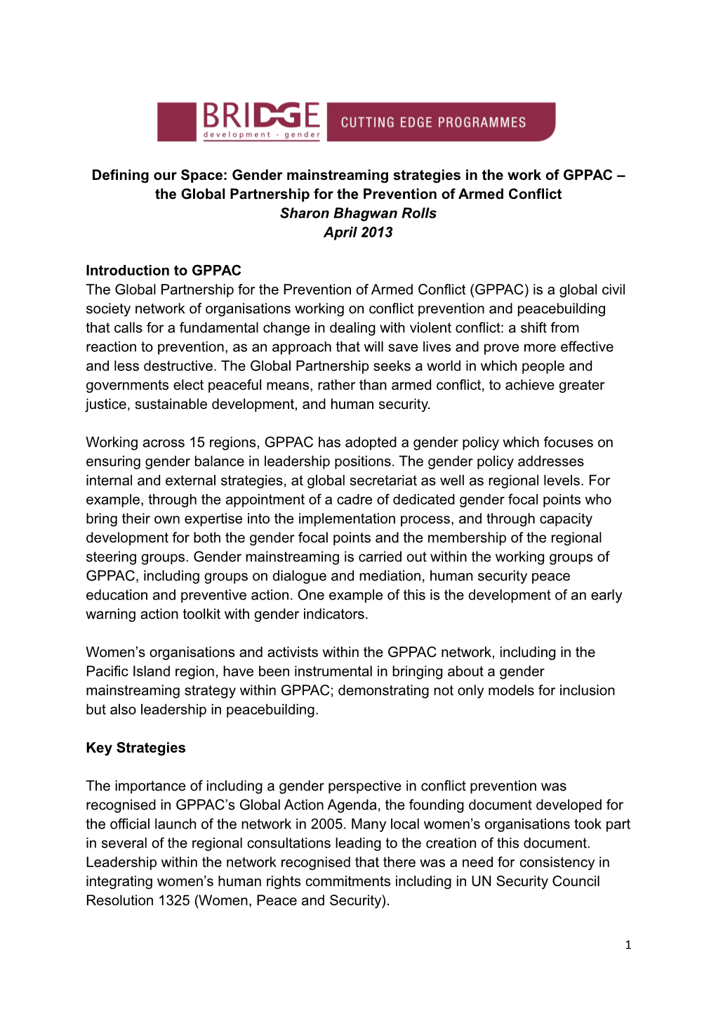 Defining Our Space: Gender Mainstreaming Strategies in the Work of GPPAC the Global Partnership