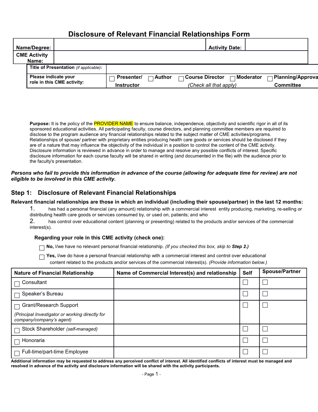 Disclosure of Relevant Financial Relationships Form