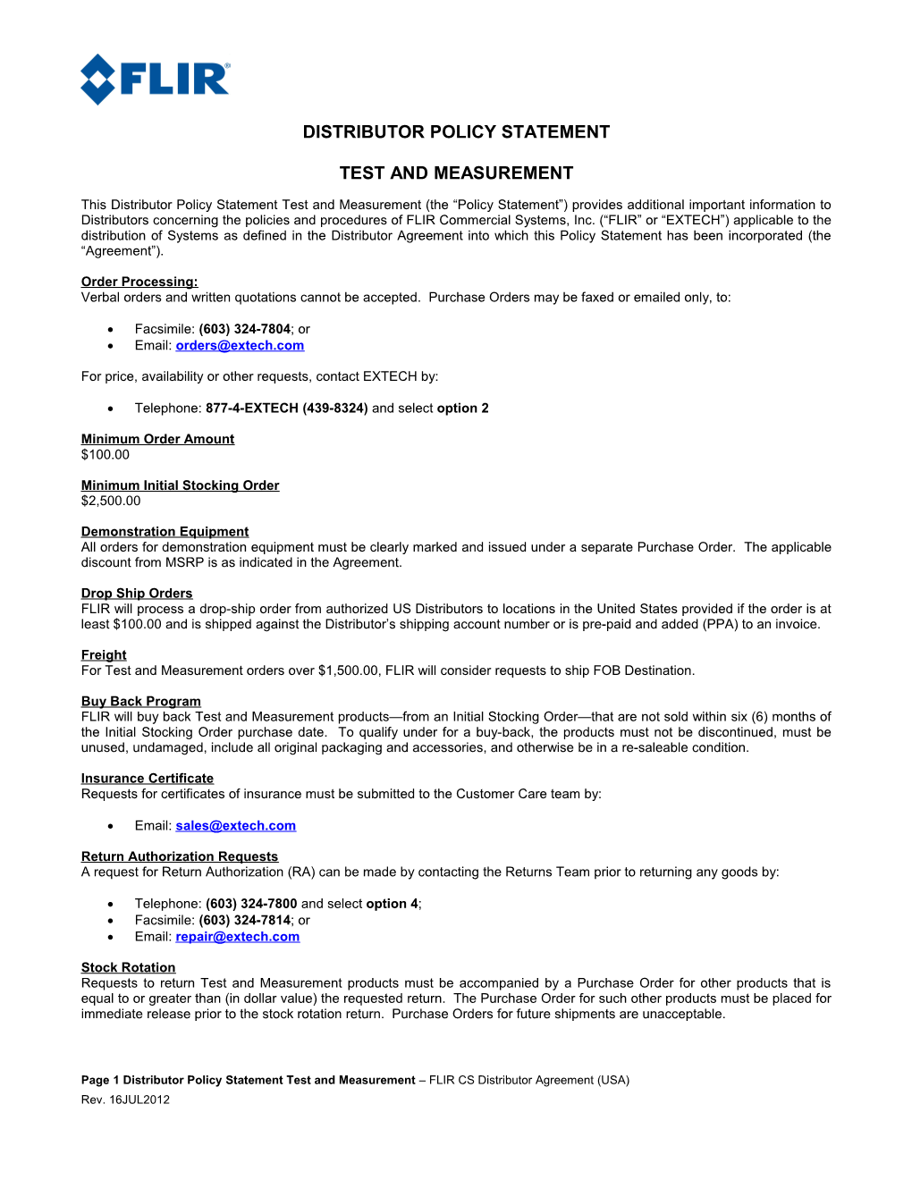 Page 1Distributor Policy Statement Test and Measurement FLIR CS Distributor Agreement (USA)