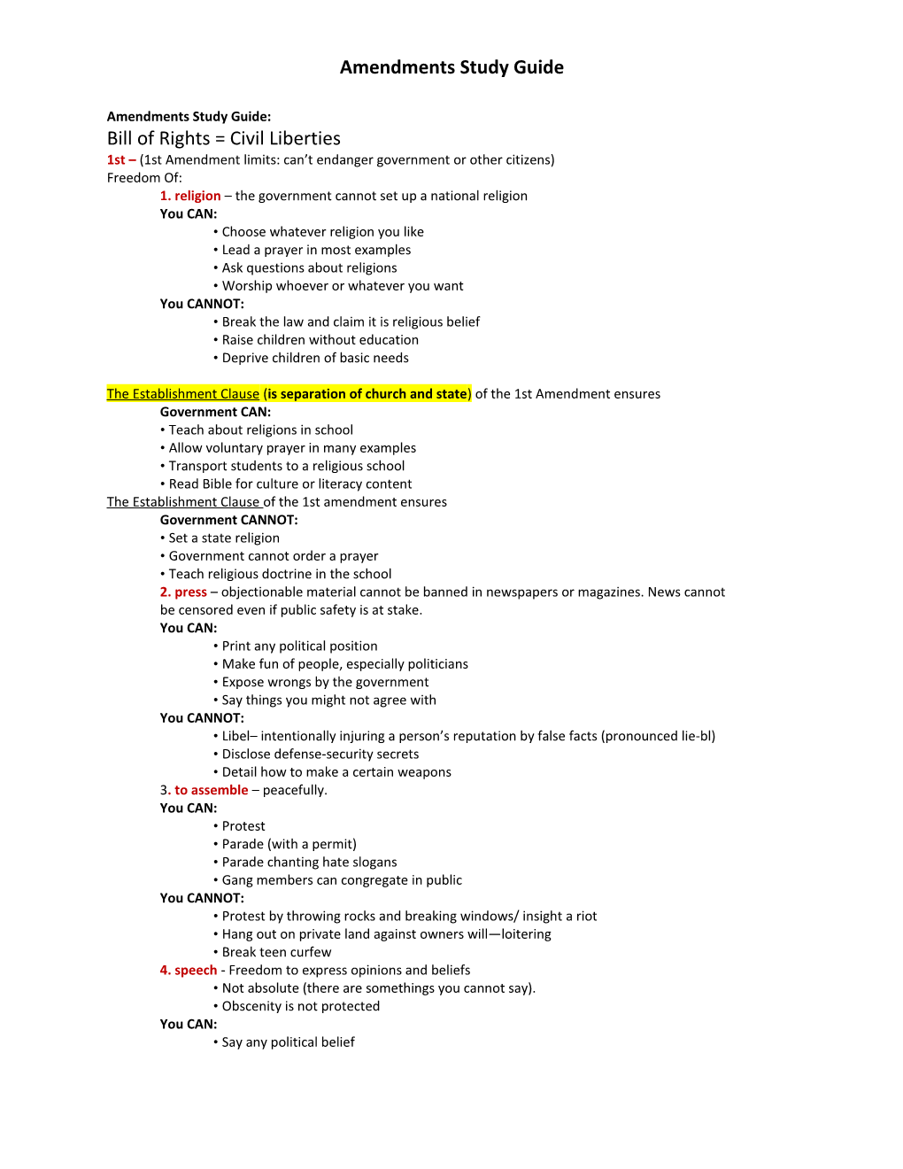 Amendments Study Guide