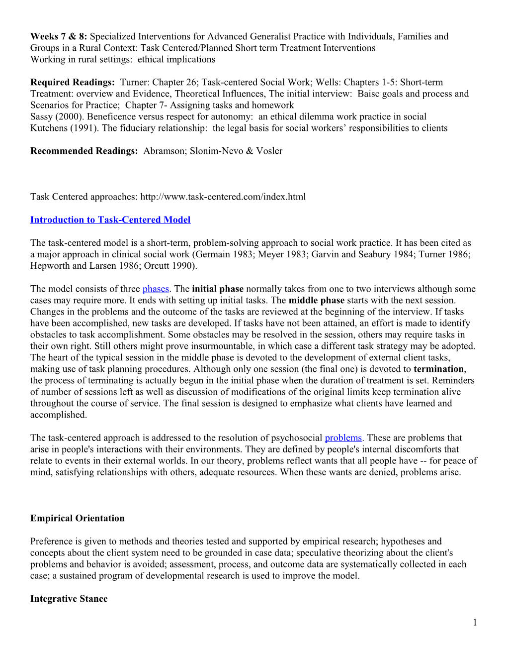 Weeks 7 & 8: Specialized Interventions for Advanced Generalist Practice with Individuals