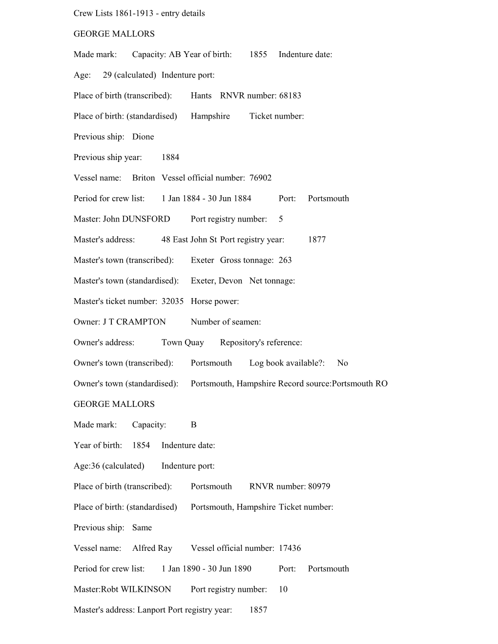 Crew Lists 1861-1913 - Entry Details