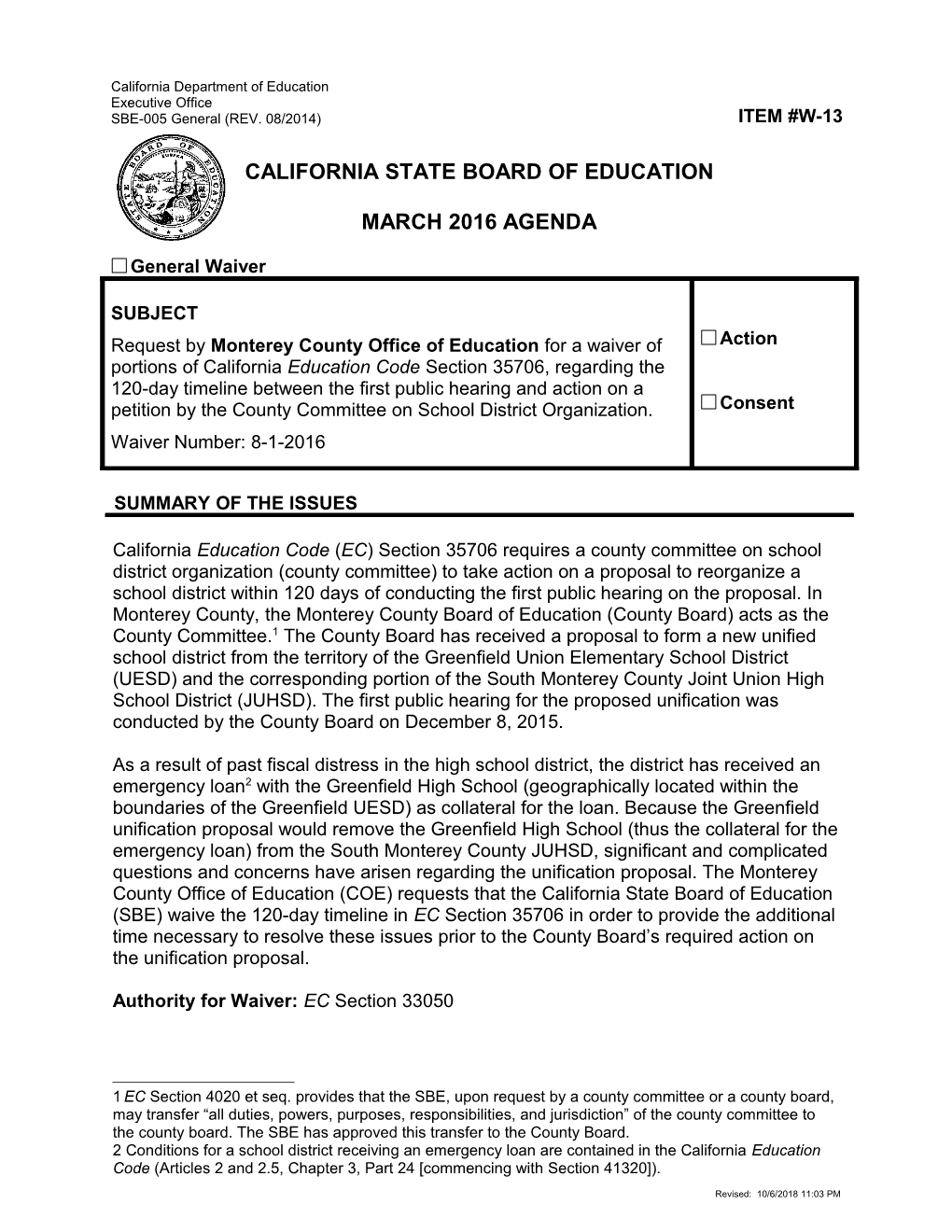 March 2016 Waiver Item W-13 - Meeting Agendas (CA State Board of Education)