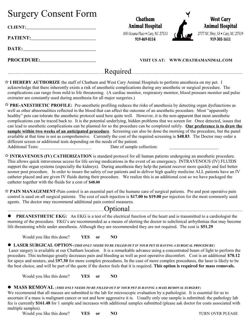 Surgery/Anesthesia Consent Form