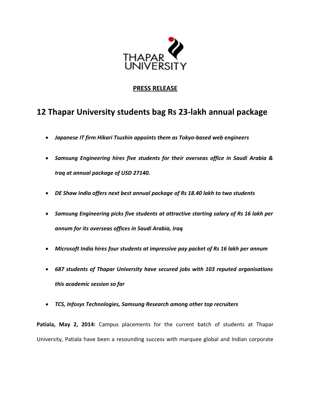 12 Thapar University Students Bag Rs 23-Lakh Annual Package