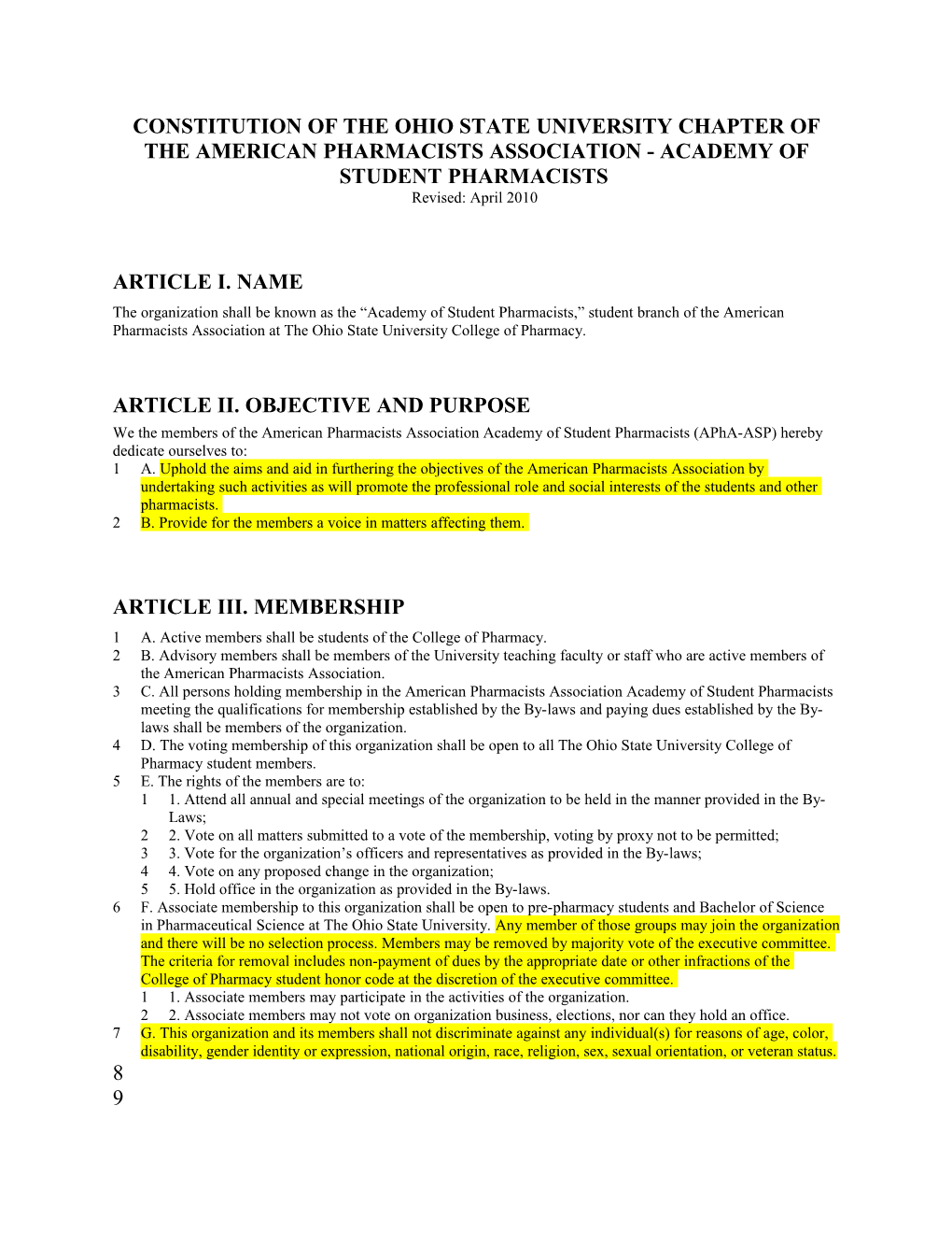 Constitution of the Ohio State University Chapter of the American Pharmacists Association