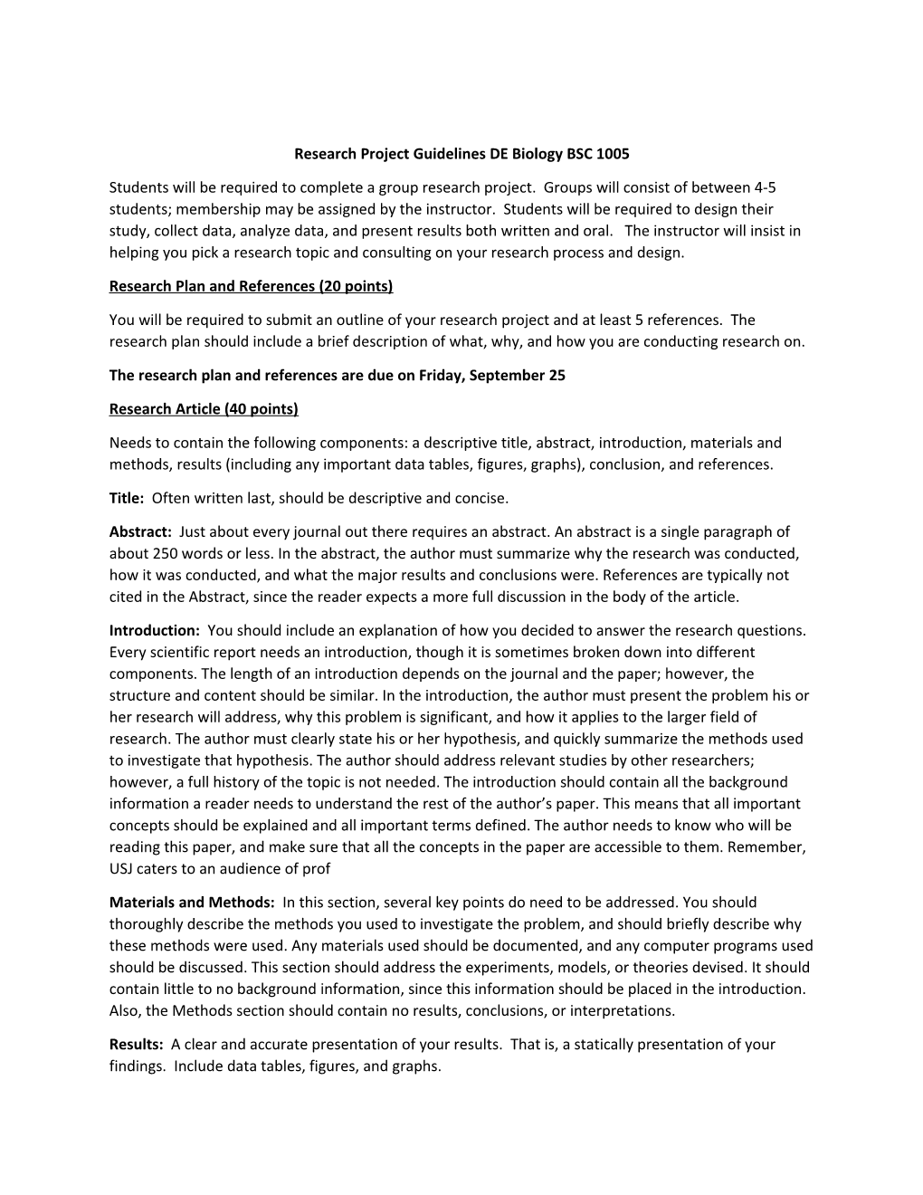 Research Project Guidelines DE Biology BSC 1005
