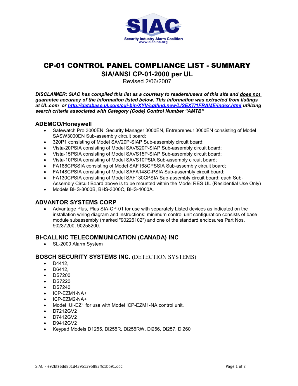 Cp-01 Control Panel Compliance List
