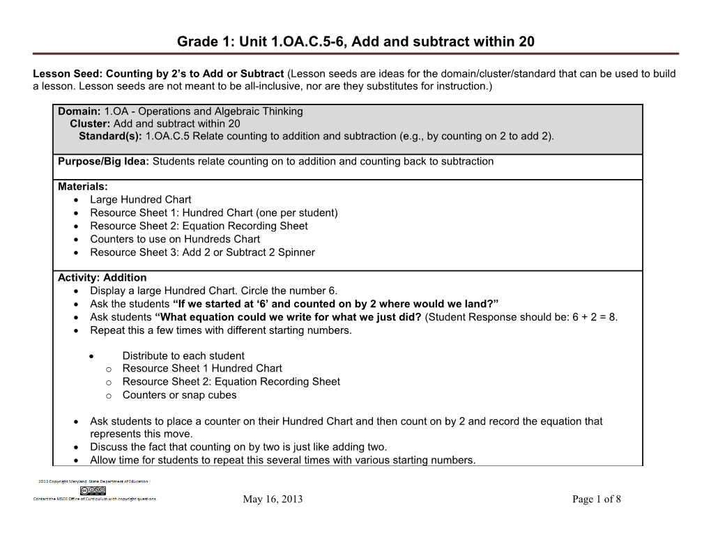 Grade 1: Unit 1.OA.C.5-6, Add and Subtract Within 20