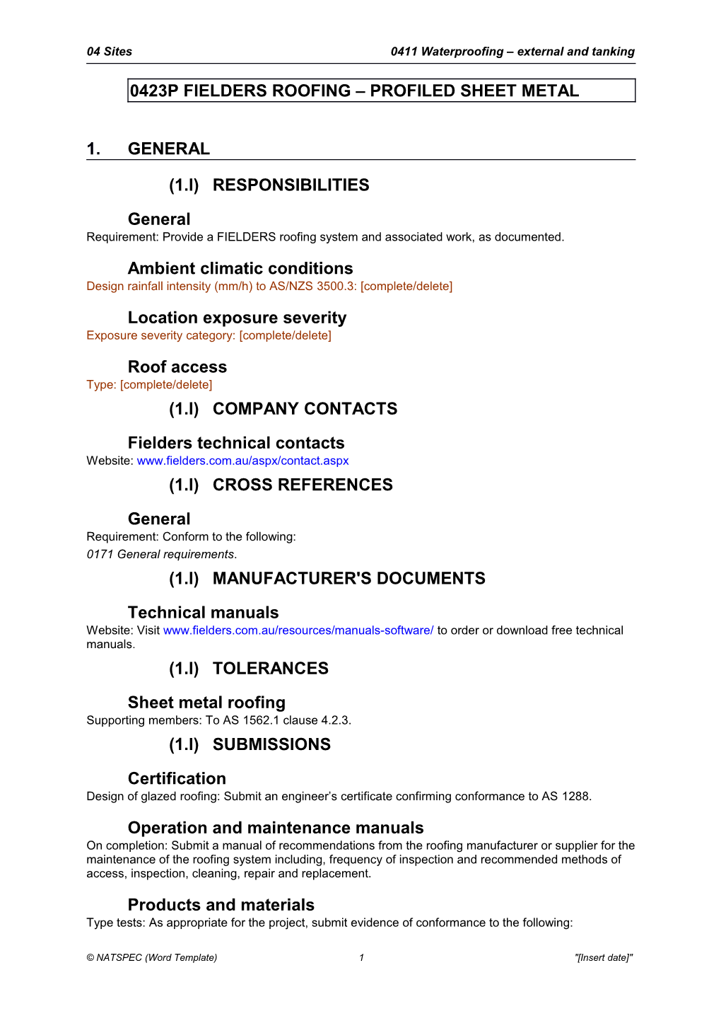 0423P FIELDERS Roofing - Profiled Sheet Metal