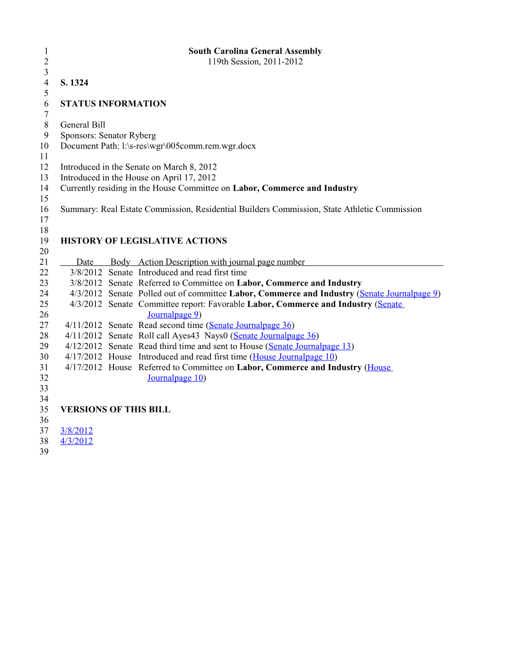 2011-2012 Bill 1324: Real Estate Commission, Residential Builders Commission, State Athletic