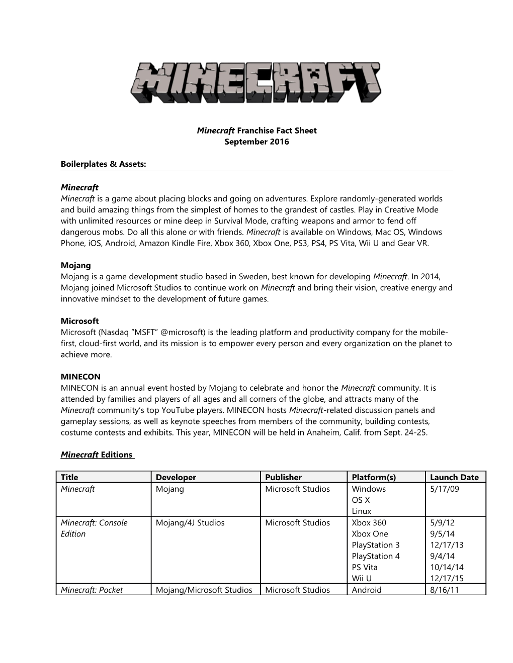 Minecraftfranchisefact Sheet