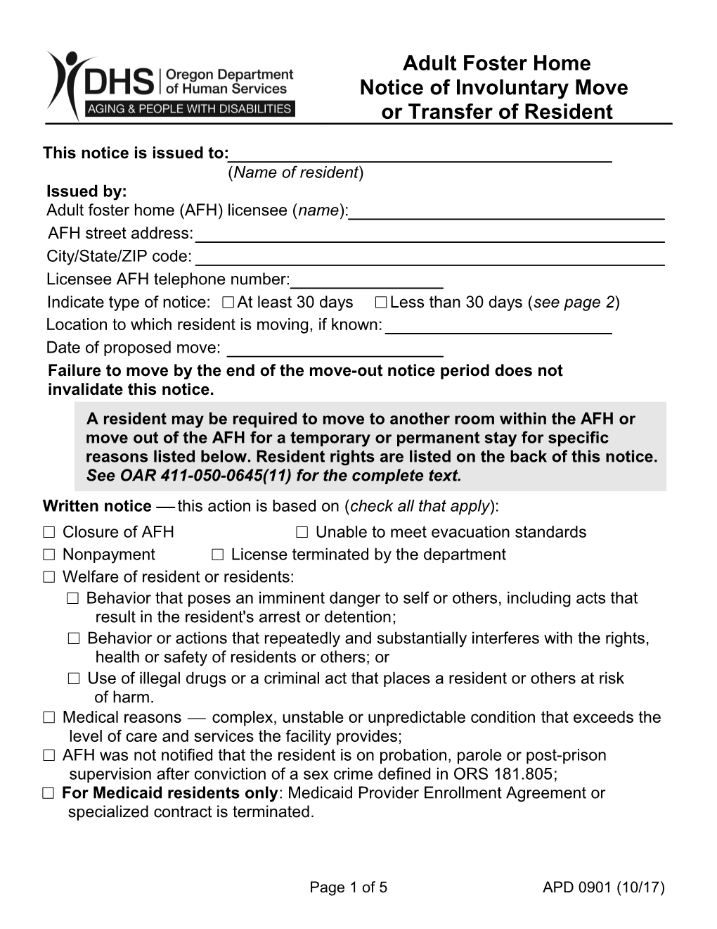 AFH- Notice of Involuntary Move Or Transfer of Resident (SDS 901 1/14)