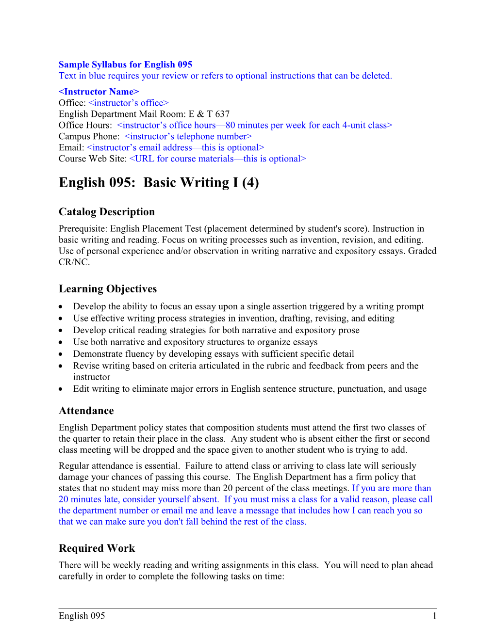Sample Syllabus for English 095