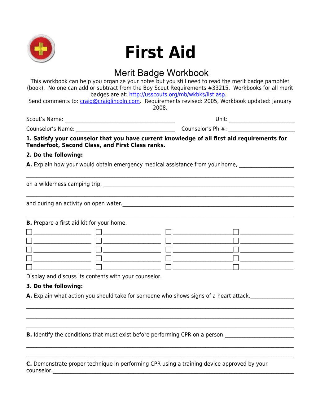 First Aid P. 1 Merit Badge Workbookscout's Name: ______