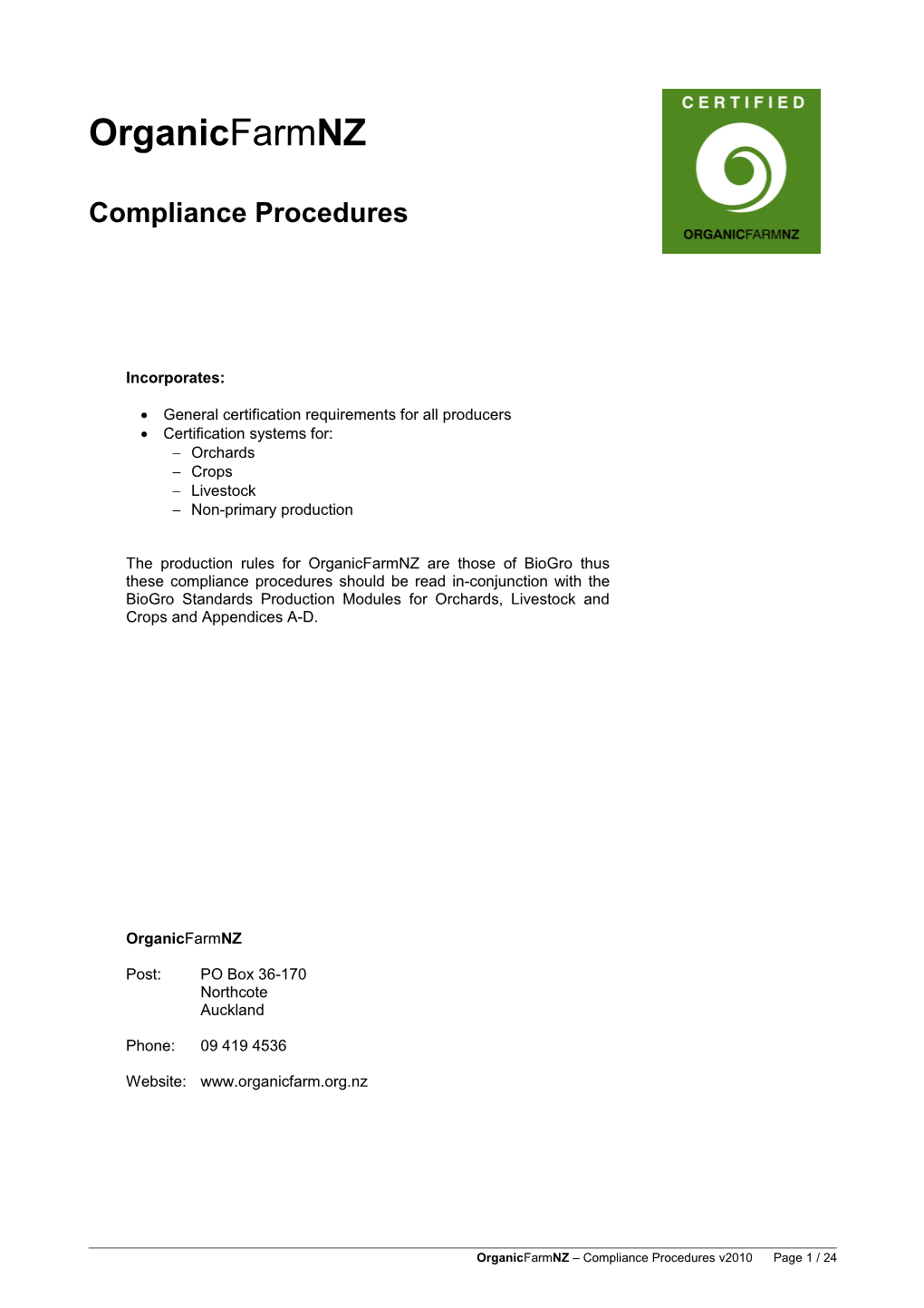 Organic Farm NZ Compliance Procedures