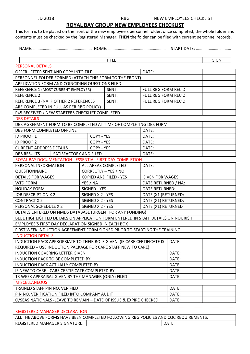 Easy Glance Reference Form for New Employees
