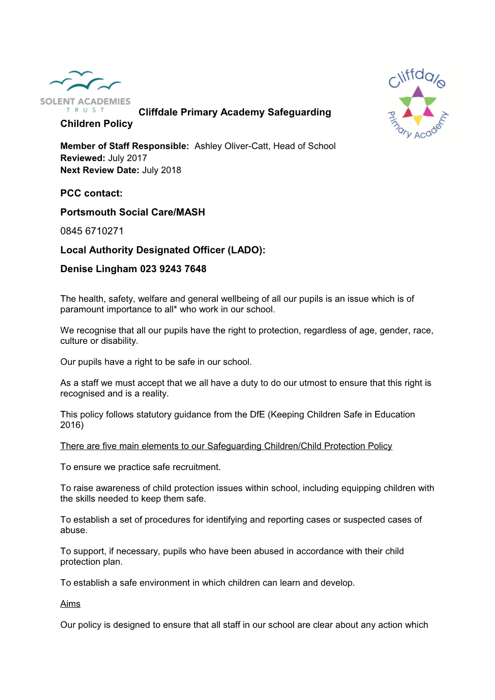 Cliffdale Primary Academy Safeguarding Children Policy