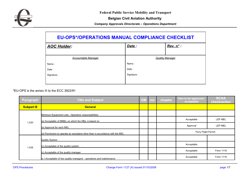 AOC Holder: JAROPS 1EU-OPS/ O.M. COMPLIANCE Checklistdate : Rev. N