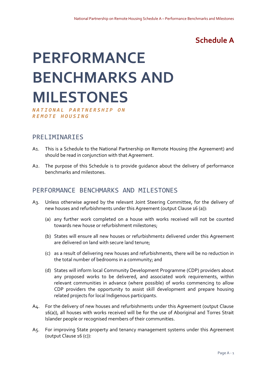 National Partnership on Remote Housing Schedule a Performance Benchmarks and Milestones