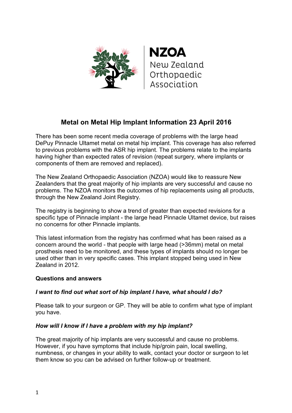 Metal on Metal Hip Implant Information 23 April 2016