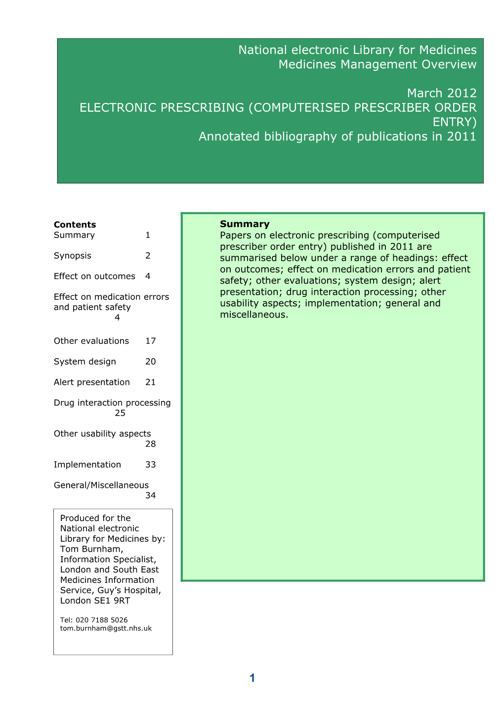 Papers on Electronic Prescribing (Computerised Prescriber Order Entry) Published in 2011