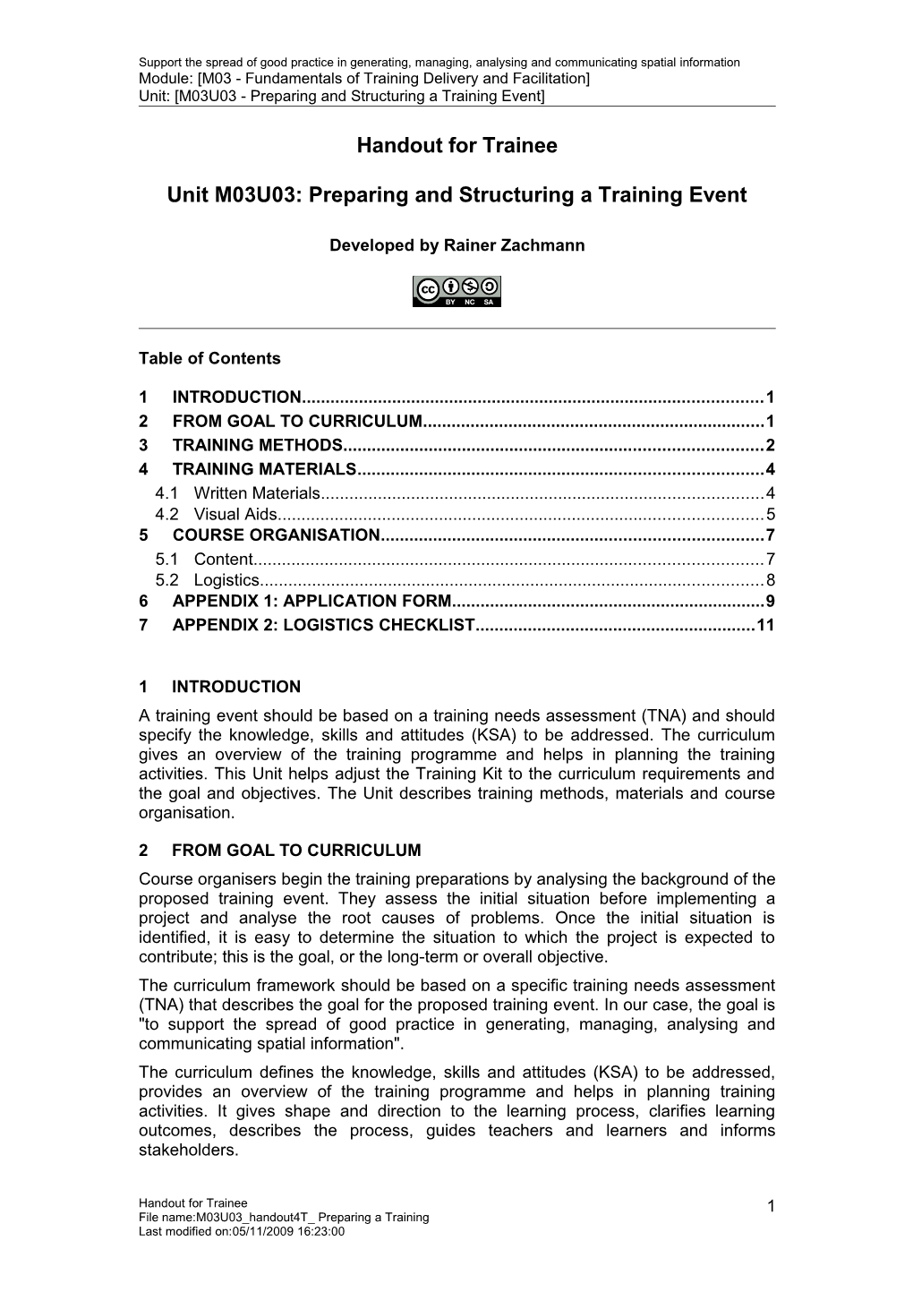 Handout for Trainee - Preparing and Structuring a Training Event