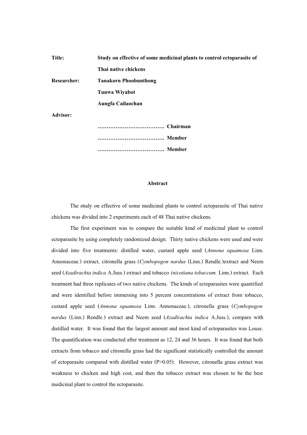 Study on Effective of Some Medicinal Plants to Control Ectoparasite of Native Chickens