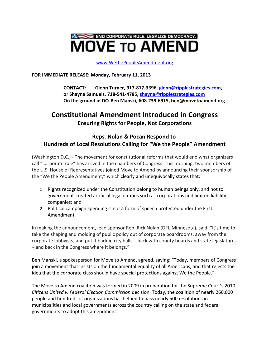 RELEASE: We the People Amendment