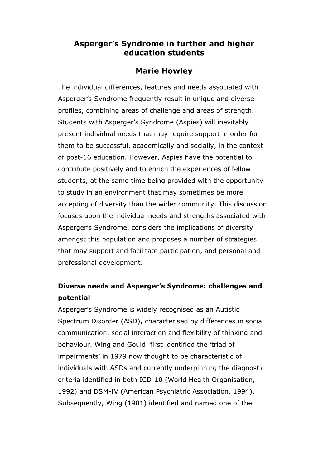 Asperger S Syndrome in Further and Higher Education Students